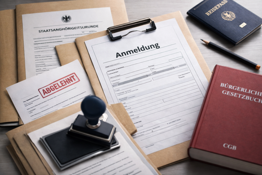 German bureaucracy concept, folders, documents, official stamps, structured composition, minimalistic, serious tone